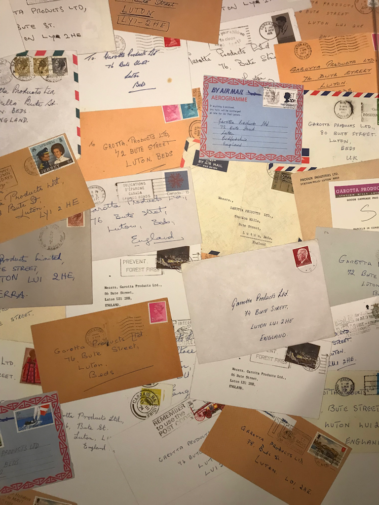 A selection of envelopes from Garotta's mail room. Notice the different street numbers used to let the marketing team know which adverts generated the most response.